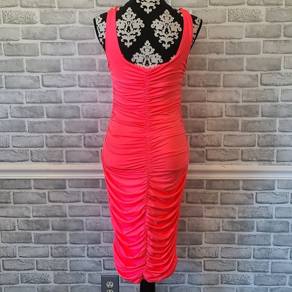 Neon Pink Tank Dress Ruched Barbie Party Costume Cosplay Med NWOT Spandex Blend - Picture 2 of 10